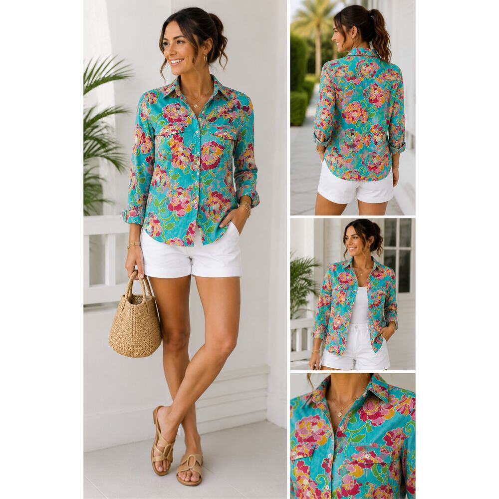 Lilly Pulitzer Resort Fit Floral Button Down Shirt Women’s Medium Tropical
